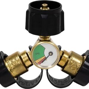 Propane Tank Adapters LP Gas Line Splitter 2 Way Hose Tee Y Propane Splitter with Gauge - 2 QCC1 Thead and 1 POL